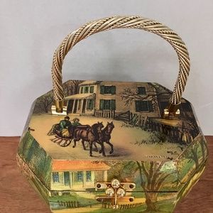 Vintage 60’s Billie Ross of The Palm Beaches Currier and Ives Decoupage purse